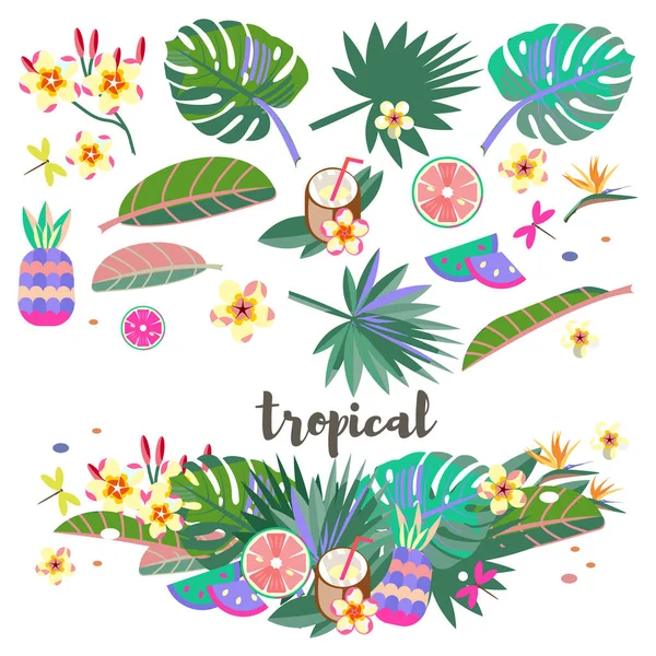 Tropik çiçekler ve yapraklar. Egzotik meyveler. Karayip renkleri. Tasarım ve desen