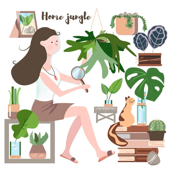 Chica pasar tiempo en invernadero o jardín casero con plantas que crecen en macetas — Vector de stock