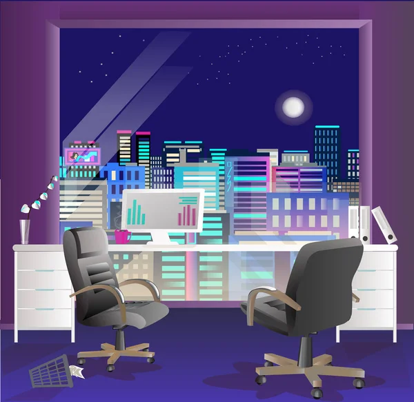 Büro Interieur Vektor Business-Hintergrund, Schreibtische Stühle, Computer-Schreibtisch, Desktop — Stockvektor