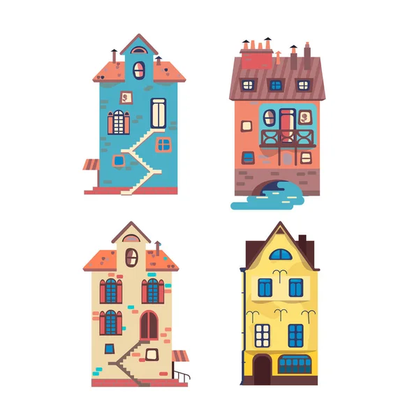Παλαιά ευρωπαϊκά σπίτια. Βικτοριανό στυλ. Πλατεία με σιντριβάνι — Διανυσματικό Αρχείο