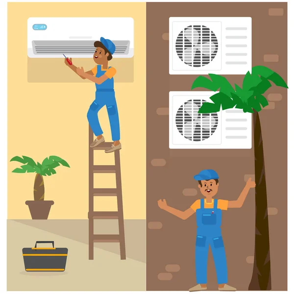Zwei Männer installieren oder reparieren eine Klimaanlage oder ein Splitsystem, innen und außen — Stockvektor