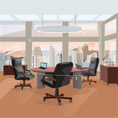 Ofis iç tasarımı. Çalışma alanı personeli. 3d efekt kavramı illüstrasyon