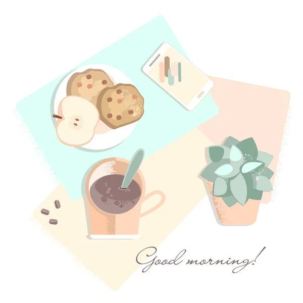 Ilustración vectorial de Buenos días con café. diseño de vectores. Desayuno — Vector de stock