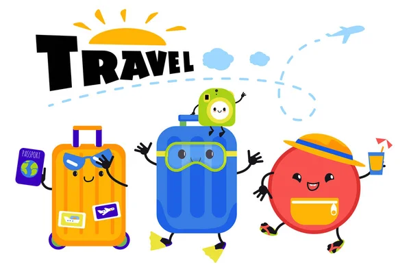 A set of cute vector travel icons. travel kawaii objects. Cartoon characters — Stock Vector
