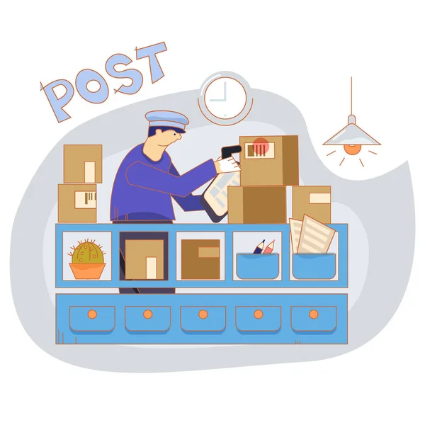 Szállítási csomag. Mail alkalmazott ellenőrzi a csomagot. Postahivatal belsőépítészet — Stock Vector