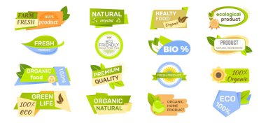 Doğal ürünler için eko etiketler. Sağlıklı taze yiyecek organik semboller demektir.