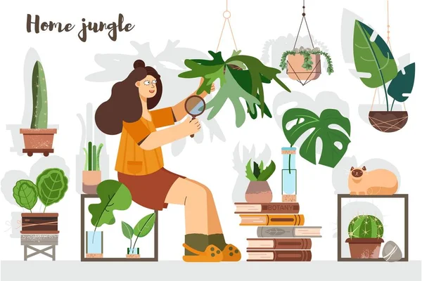 Young woman taking care of home plants. Botany. Flower care. Greenhouse, garden. — Stock Vector