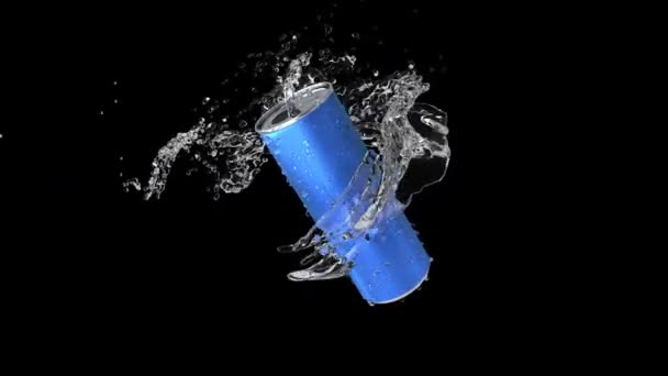 En metallburk förvandlas i en ström av klart vatten. 3D-rendering. — Stockvideo