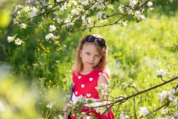 Bonito Loira Menina Posando Natureza Entre Flores Vestido Vermelho — Fotografia de Stock