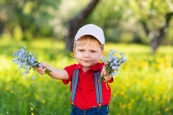 Enfant Garçon Plaisir Jouer Dans Nature Parmi Les Fleurs Recueille — Photo