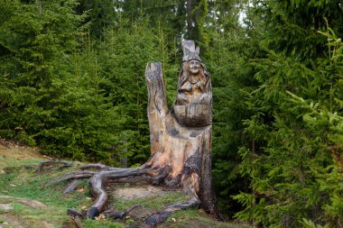 Muhteşem bir kadın figürünün ahşap heykeli açık bir ormanda duruyor.