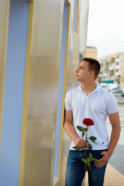 Jovem Vai Encontro Segurando Uma Rosa Sua Mão — Fotografia de Stock