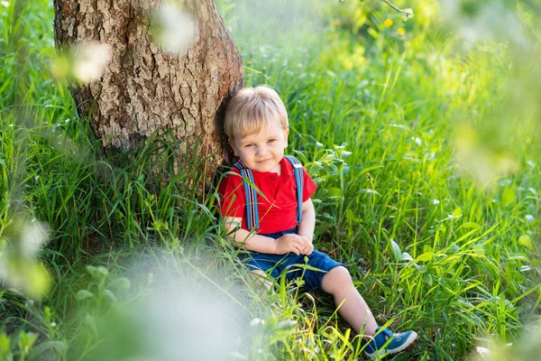 Kleiner Junge Sitzt Unter Einem Baum Und Ruht Sich Aus — Stockfoto