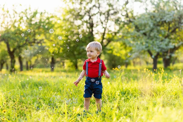 Menino Tem Diversão Brincando Natureza Com Bolhas Sabão Brilhantes — Fotografia de Stock