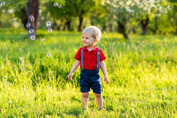 Menino Tem Diversão Brincando Natureza Com Bolhas Sabão Brilhantes — Fotografia de Stock