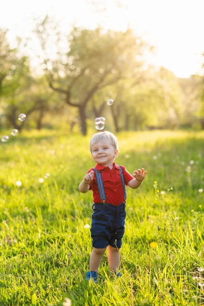 Junge Hat Spaß Beim Spielen Der Natur Mit Glänzenden Seifenblasen — Stockfoto