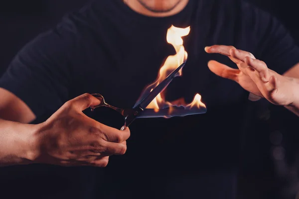 Hairdresser Holds Scissors His Hands Which Flame Royalty Free Stock Photos