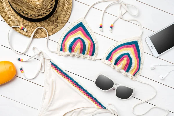 Swimsuit Beach Accessories White Wooden Background — Stock Photo, Image