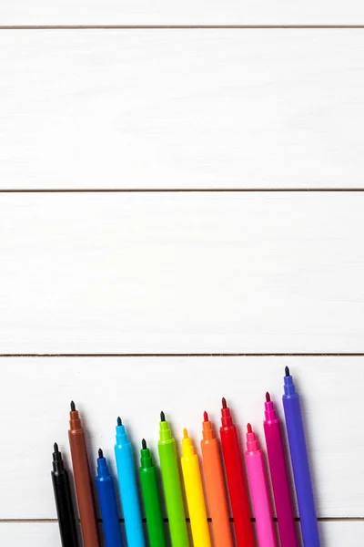 Close Shot Colorful Markers White Wooden Table — Stock Photo, Image