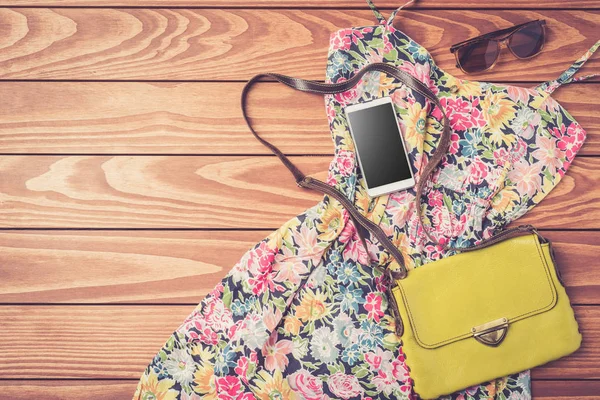 Woman Summer Outfit Bag Accessories — Stock Photo, Image