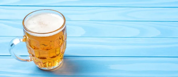 Mug Beer Blue Wooden Table Close — Stock Photo, Image