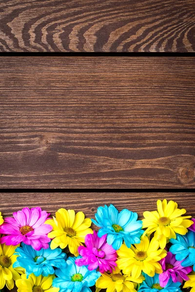 Flores Coloridas Fundo Madeira Velho Fechar — Fotografia de Stock