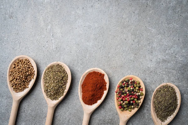 Fresh Herbs Spices Wooden Spoons — Stock Photo, Image