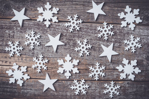 Christmas snowflakes background. Top view