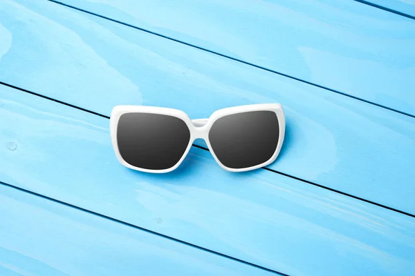 Sunglasses Blue Wooden Table Close — Stock Photo, Image