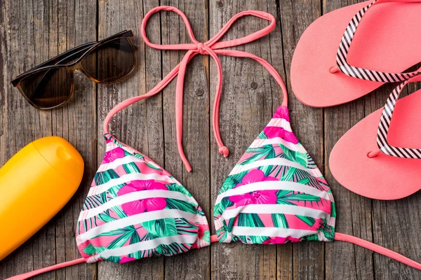 Colorful Swimsuit Wooden Background — Stock Photo, Image