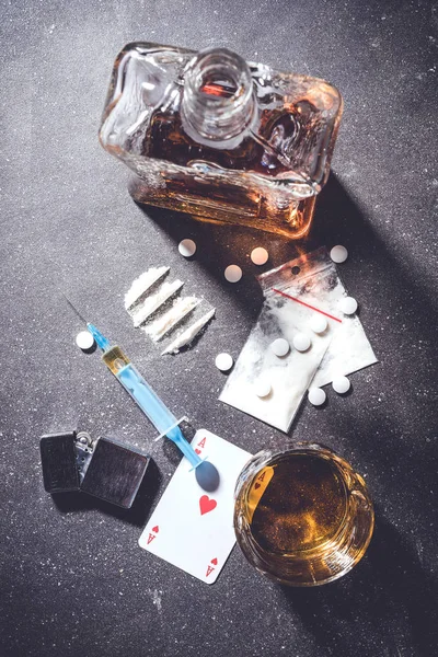 Hard Drugs Alcohol Gray Stone Table Close — Stock Photo, Image