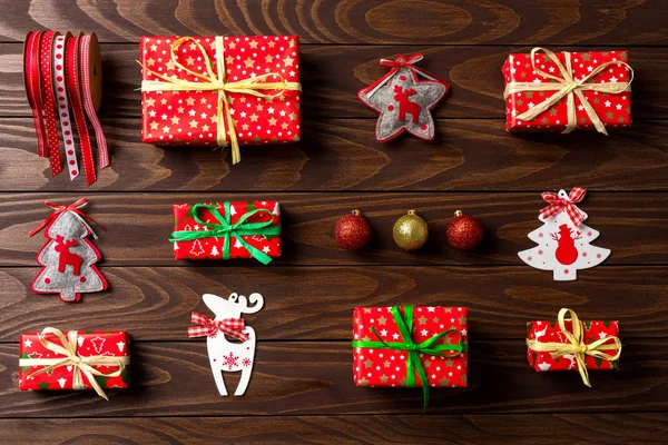 Christmas Background Colorful Decorations Old Wooden Table — Stock Photo, Image