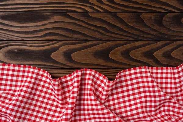 Red Checkered Tablecloth Old Wooden Table Close — Stock Photo, Image