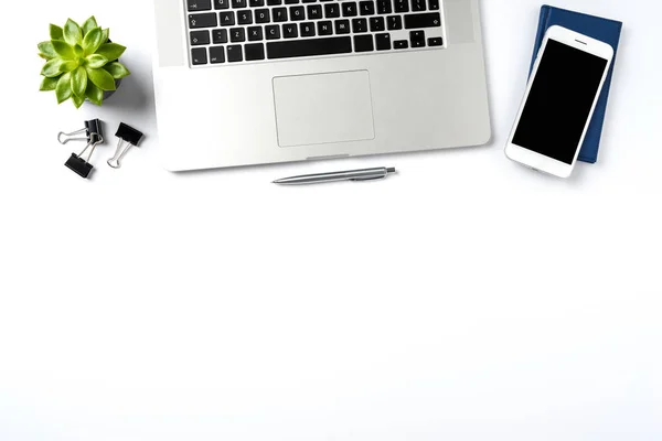 Overhead Schot Van Laptop Accessoires Witte Achtergrond Met Kopie Ruimte — Stockfoto