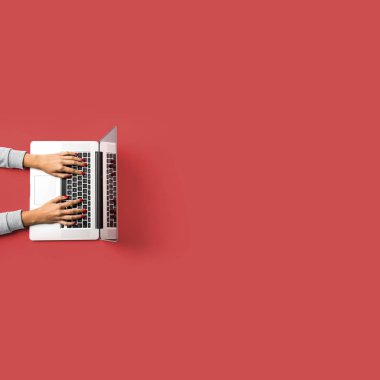 Dizüstü bilgisayarda çalışan kadın. Kopya alanı ile iş geçmişi.