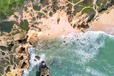 Tropikal kumlu plaj, uçurumlar ve okyanus havadan görünümü.