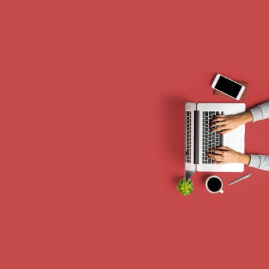 Dizüstü bilgisayarda çalışan kadın havai bir kadeh. Kopya alanı ile iş geçmişi