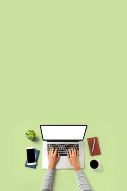 Dizüstü bilgisayarda çalışan kadın. Kopya alanı ile iş geçmişi