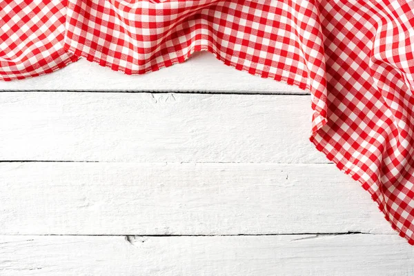 Red Checkered Tablecloth White Wooden Table Top View — Stock Photo, Image