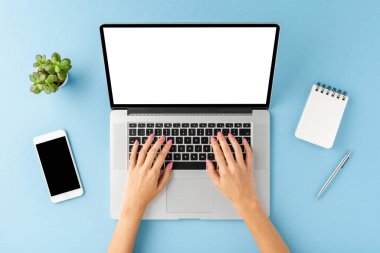 Dizüstü bilgisayarda boş ekranla çalışan kadın eller. Aksesuarlı ofis masası. Üst görünüm