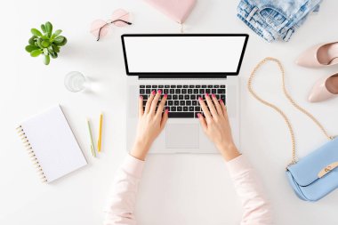 Laptop kullanan bir kadın. Çevrimiçi alışveriş kavramı