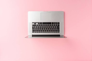Pembe arkaplandaki dizüstü bilgisayarın fotokopisi. Ofis masaüstü. Düz yatıyordu