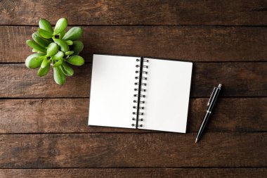 Tahta masadaki boş, zarif defter. İş geçmişi