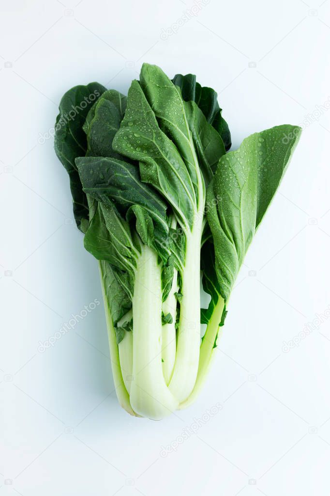 Chinese cabbage Pak Choi on a plain white background in drops of water. view from above. vertical orientation.
