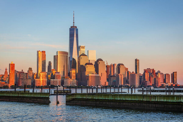 View to Manhattan skyline from New Jersey City at sunset, USA