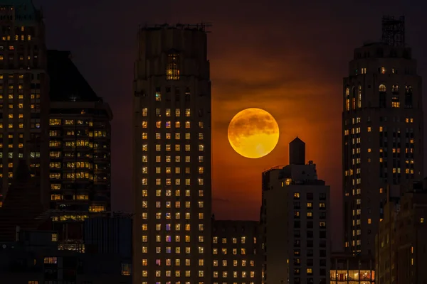 Pleine Lune Sur Manhattan Skyline Nuit — Photo