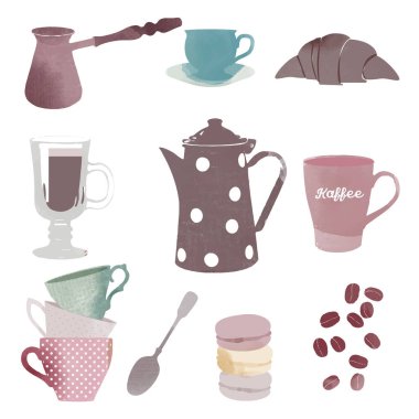 Kahve ve elementlerin suluboya vektör çizimi