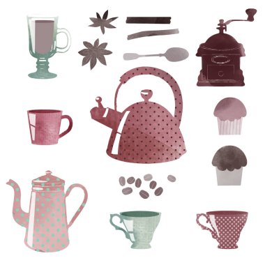 Kahve ve elementlerin suluboya vektör çizimi