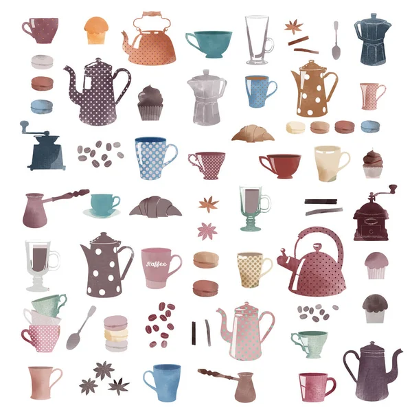 Kahve makineli suluboya vektör seti, kekler, fincanlar, tatlı kaşıkları, kahve çekirdekleri.