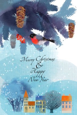 Mutlu Noeller ve mutlu yıllar kartı. Suluboya kış vektörü arkaplanı
